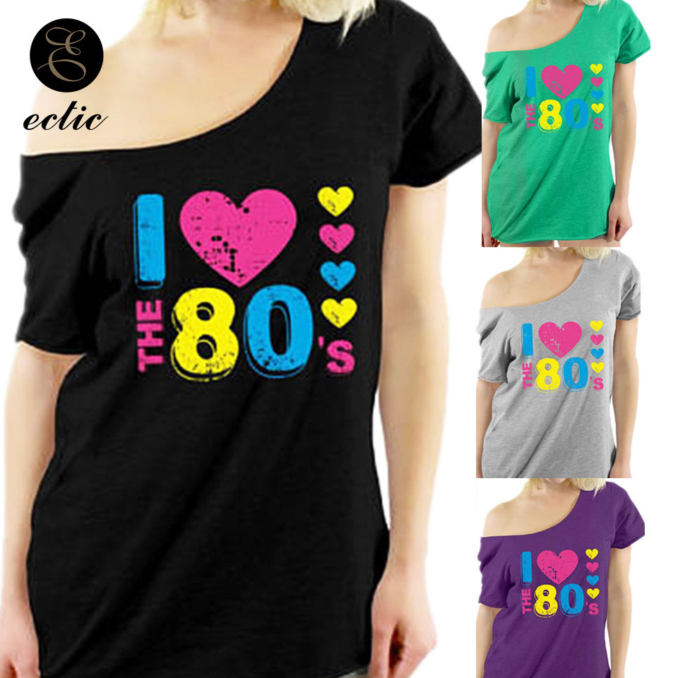 

Vetement Femme Fashion Tunics Casual Women T-Shirts Cute Casual Oversized Top One Shoulder I Love Vintage 80s T Shirt Heart Y200111, Black t shirt