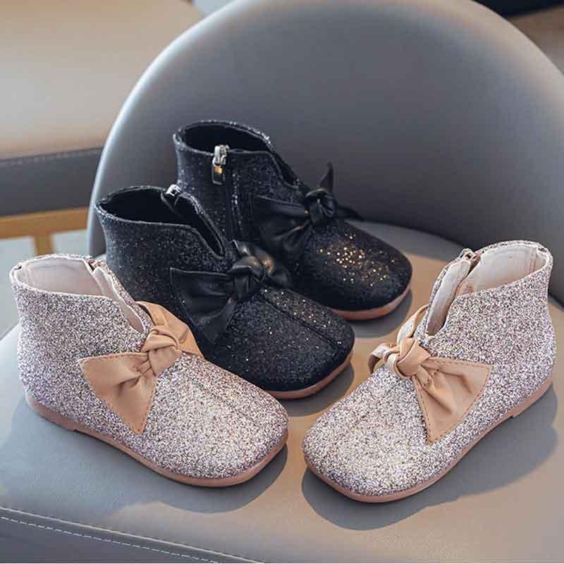 

Baby Girls Glitter Boots PU Leather Round Toe Soft Outsole Spring Autumn Short Flat Boots Fashion Dress Shoes for Princess Kids, Black