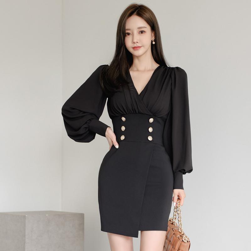 

Autumn Women Black Mini Dress New Chic Lantern Sleeves Button Design Sexy V Neck Celebrtiy Party Club Bandage