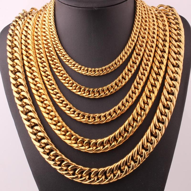 

Gold Stainless Steel Necklace Curb Cuban Link Chain Bracelet Jewelry Christmas Gift 7-40inch 9/11/13/16/20mm for Choosing