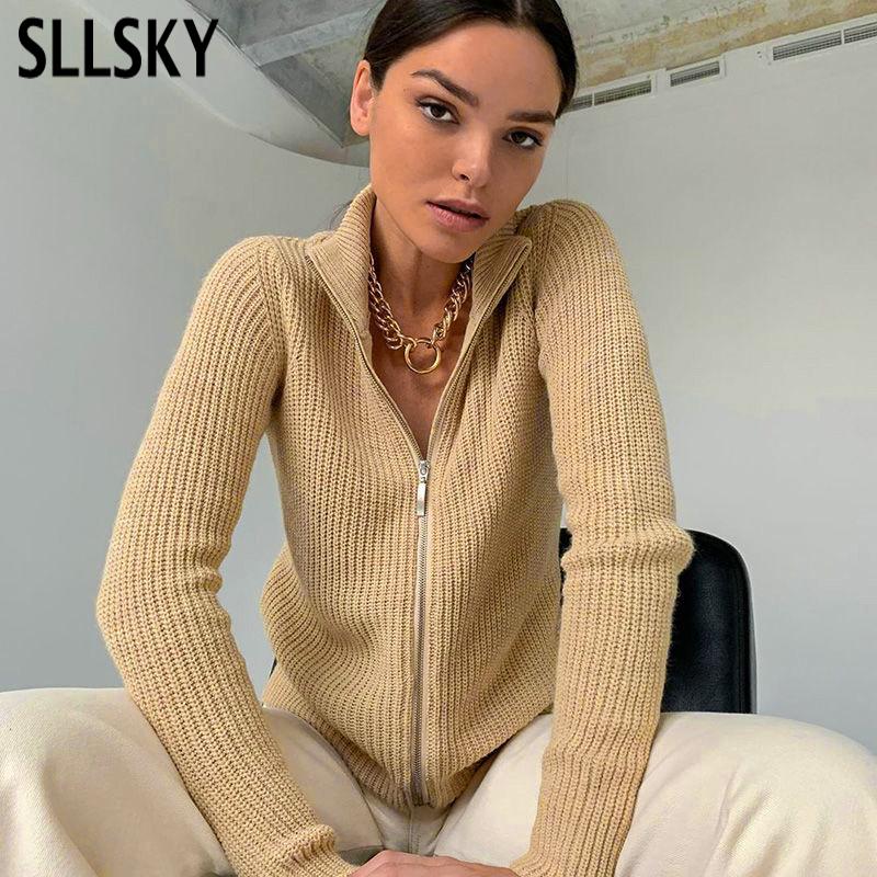 

SLLSKY Knitting Zipper Women Sweaters Autumn Winter Fashionable Casual Stand Collar Cardigans Long Sleeve Silm Female Sweater, Apricot