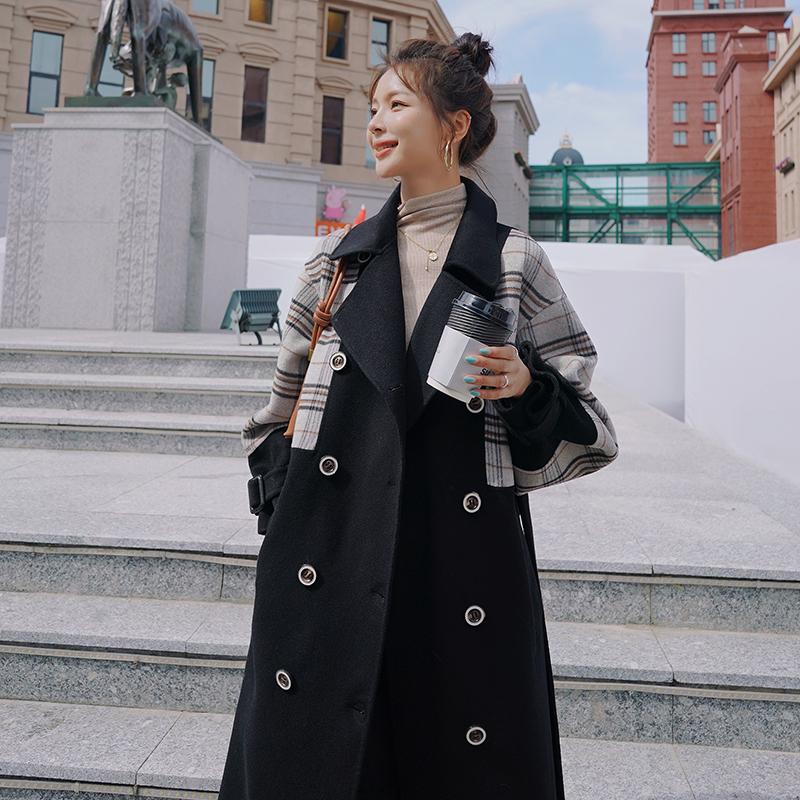 

College style sleeves stitching black woolen coat women' mid-length autumn and winter new thick casual woolen coat