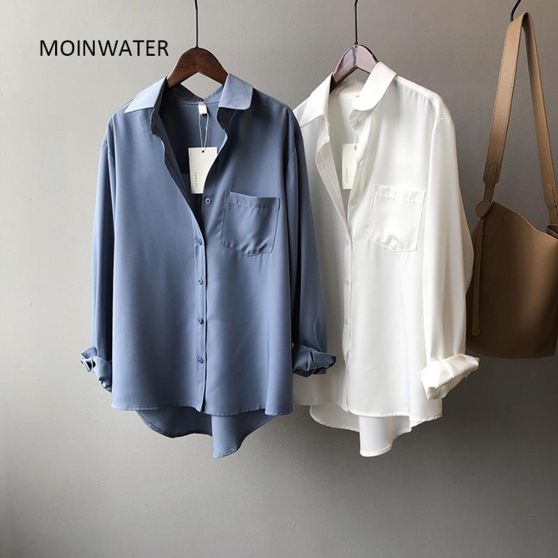 

MOINWATER New Women Blue Shirts Lady Fashion Imitate Silk White Shirt Female Black Blouse Tops MST2011