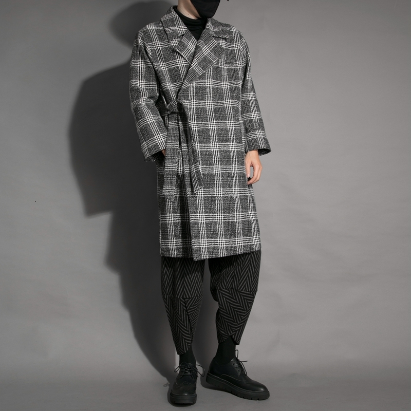 

2021 New Retro Autumn Winter Plaid Tie-cord Design Loose in Long Wool Male Coat S1WM, 11