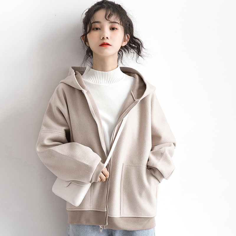 

2021 New winter coat with short female hood Korean style leisure versatile splicing top wool thick zipper KENX, Apricot