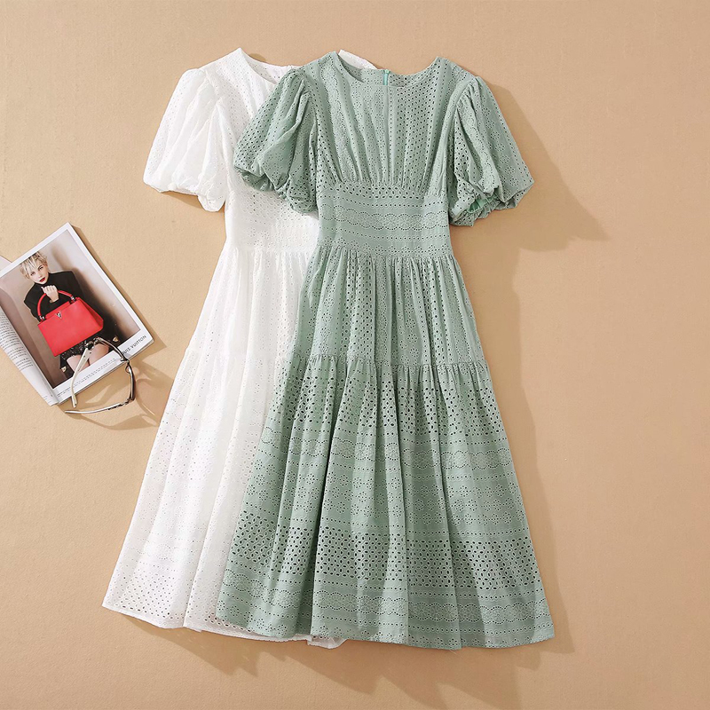 

Summer New Sexy Hollow Style Embroidered Flowers Short Sleeve Around the Neck Thin Temperament Mid-length Dress High Quality Lihr, White