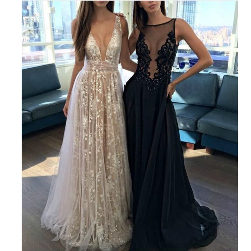 

Dressed As a High-class Ladies'party Deep-rent Low-cut V-sleeveless Mesh to the Floor Maxi Open Back in Long Women's Dress OKT7, The picture