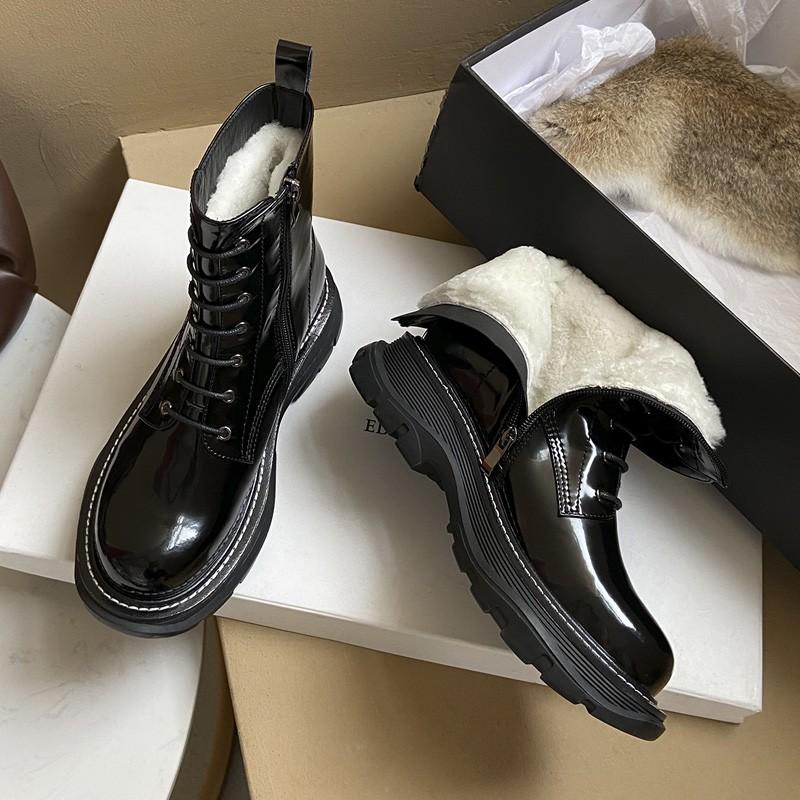 

Chunky Motorcycle Boots For Women New Fashion 2021 Trend Patent Leather Platform Warm Fur Medium Heels Snow Boots Ladies Size 42, Black