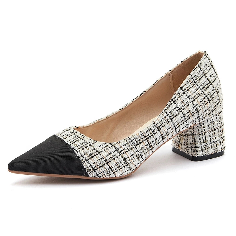 

Office Ladies Shoes Women High Heels Fashion Plaid Shoes Brand Women Pumps Elegant Woman Square Heel 6cm A2646 #2k54, Beige