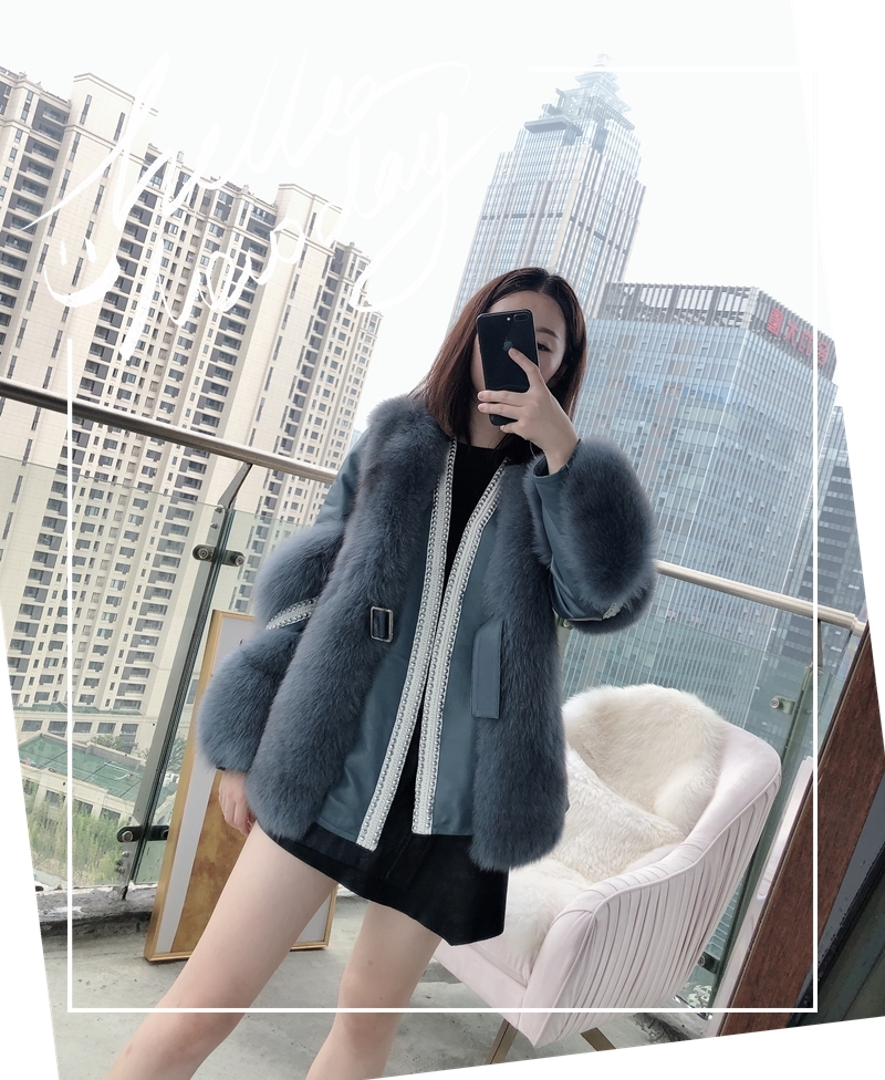 

Real Winter 2020 Fox Sheep Skin Sliced Ladies Jackets with Rivets Warm Female Multicolored Coat Outwear Kfkg, Ivory.