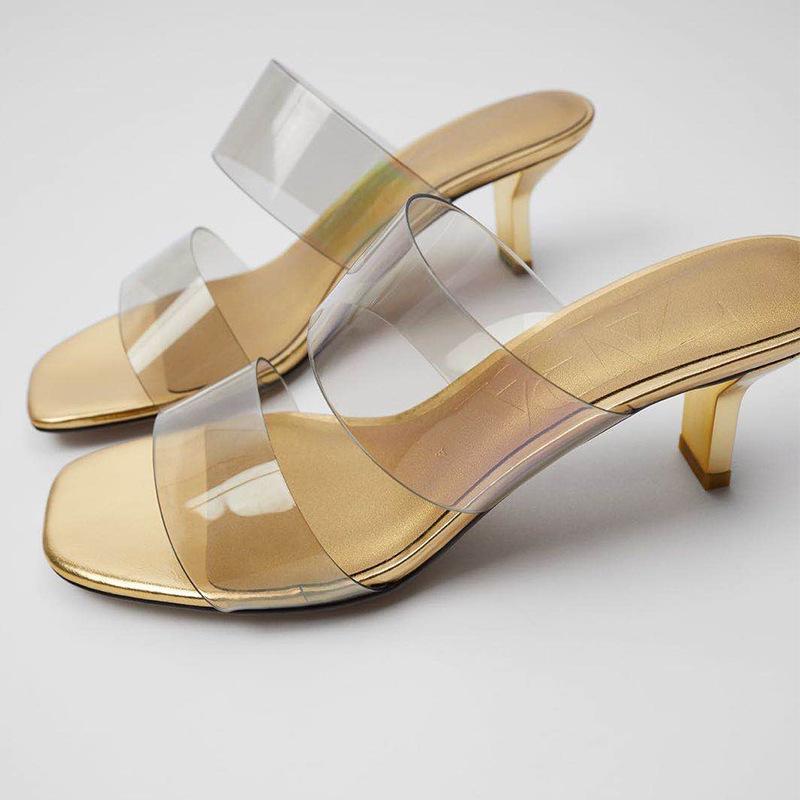 

New Arrival Summer Slipper Women Transparent PVC One Word Belt Sandal Women Med heel Round head Sandal, Gold