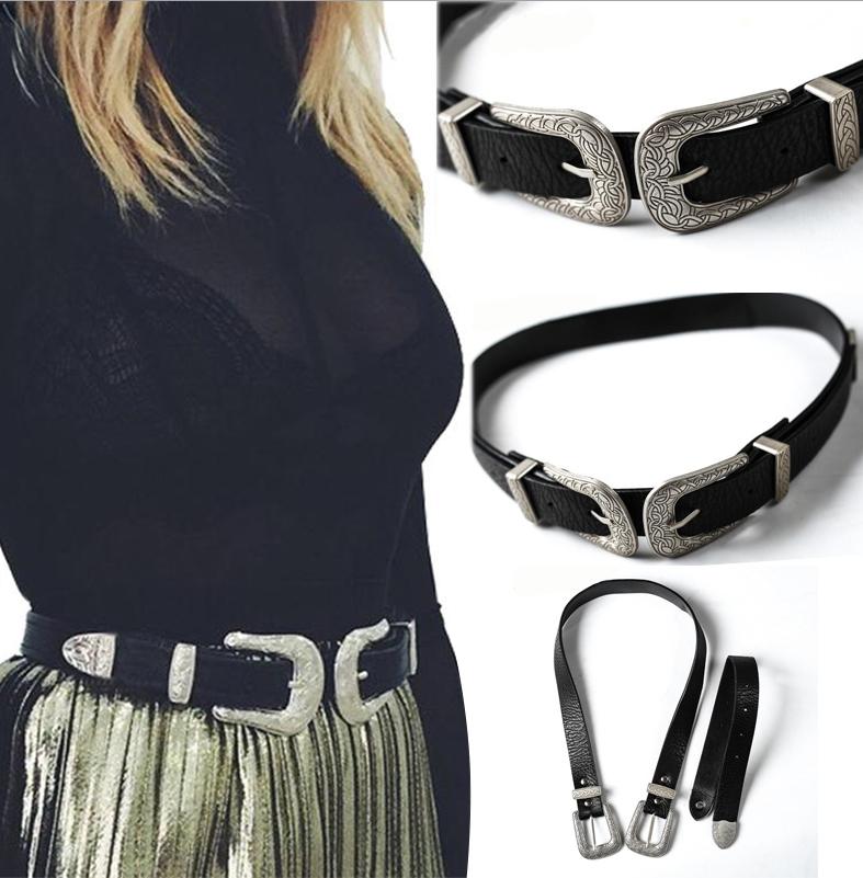 

Local stock Women Ladies Vintage Retro Boho Leather Belt Double Metal Buckle Waist Belt Waistband 2020 New in arrival, Black;brown