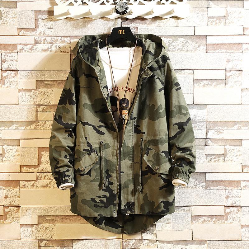 

#2405 Autumn Camouflage Jackets For Men Plus Size 5XL Cotton Casual Loose Swallowtail Coat Male Hooded Pockets Harajuku Outwear, Green