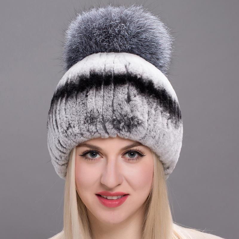 

Winter Fur Braided Striped Hat Fur Ball Windproof Baotou Cap Fashion Female Skin Knitted Warm Ear Beanies