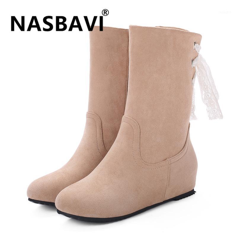 

Winter boots women artificial suede leather vamp keep warm round toe ribbon casual womens shoes snow mid-calf boots for women1, Black