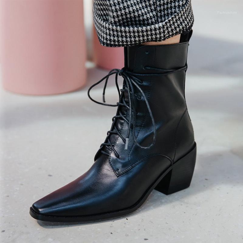 

New 2020 winter square toe thick heel genuine leather women's shoes straps mid-calf short boots simple fashion black boots1