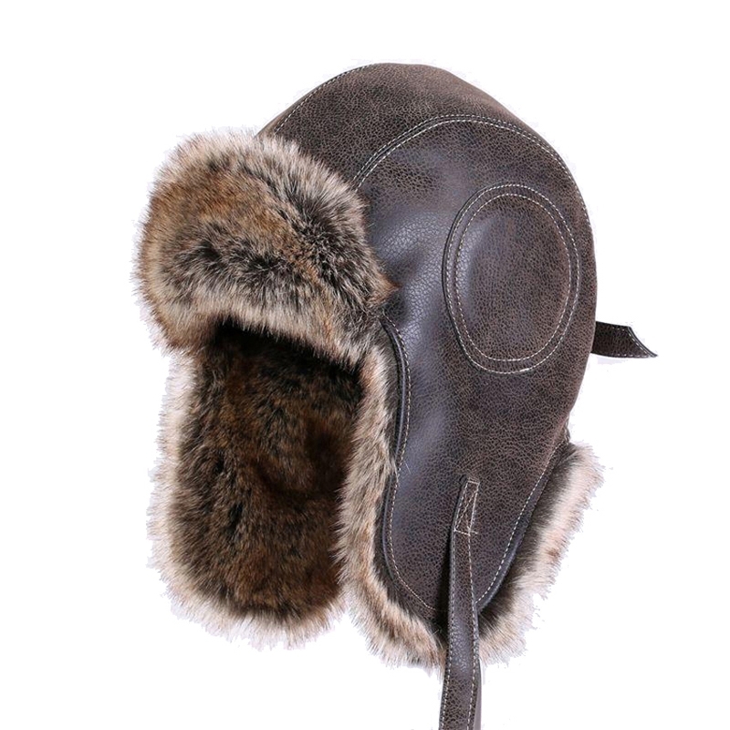 

Bomber Hats Faux Leather Fur Men Winter Warm Plush Earflap Women's Russian Ushanka Trapper Hat Aviator Trooper Snow Ski Caps T200104, Brown