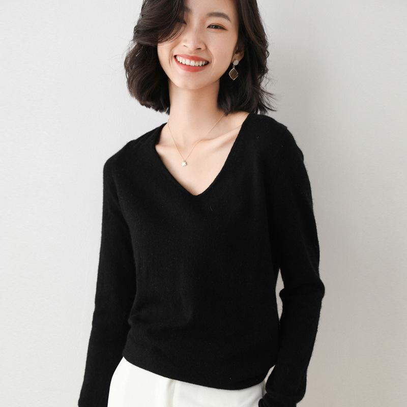 

Women' Sweater Large Long Sleeve T-Shirt Autumn Wear New Loose V-Neck Bottom Sweater Women' Top, Black