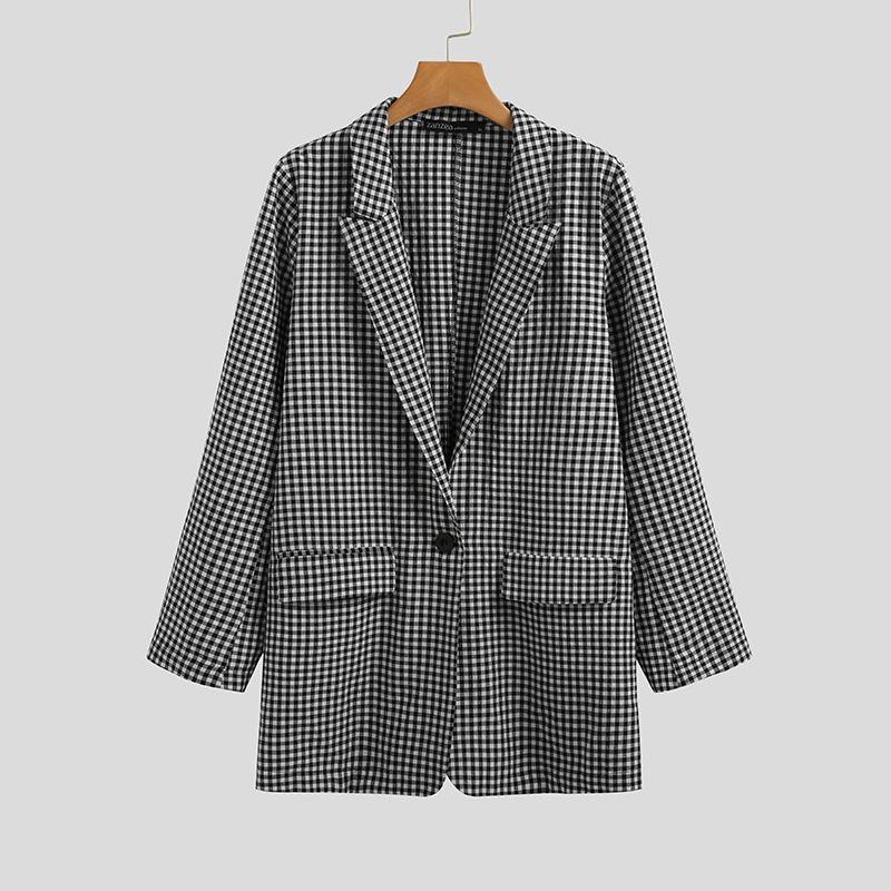 

Fashion Check Blazers Women' Autumn Jackets 2020 ZANZEA Casual Long Sleeve Coats Female Single Button Outwear Female Tunic, Black