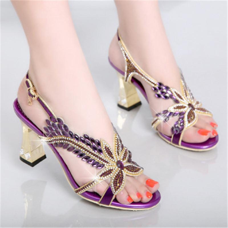 

Nice New Rhinestones Genuine Leather Shoes Summer Sandals Women Shoes Fashion Sandals Thick Large Size Woman 3179, Gold