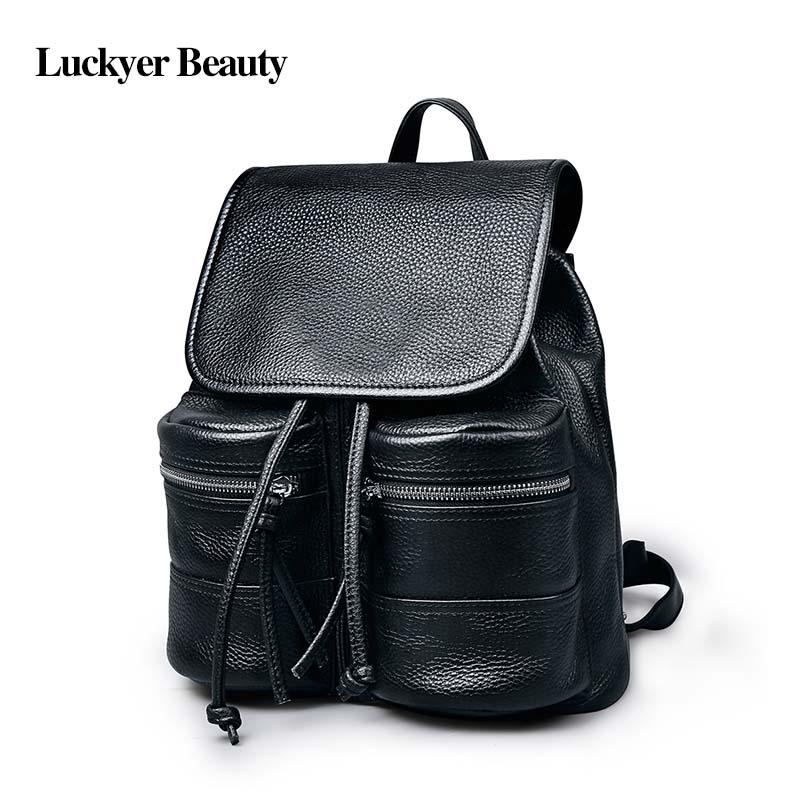 

LUCKYER BEAUTY Genuine Leather Women's Backpack School Bag Fashion Korean Style Female Laptop Bag High Quality Mochila girl lady, Black