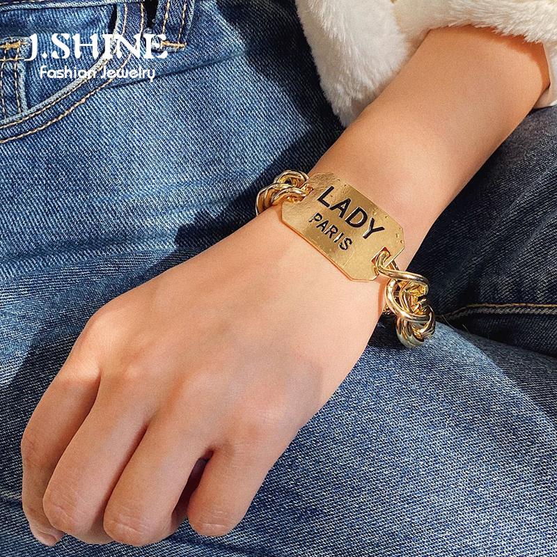 

JShine Punk LADY PARIS Letter Tag Chunky Chain Bracelets for Women Steampunk Thick Link Bracelet Bangles Men Fashion Jewelry