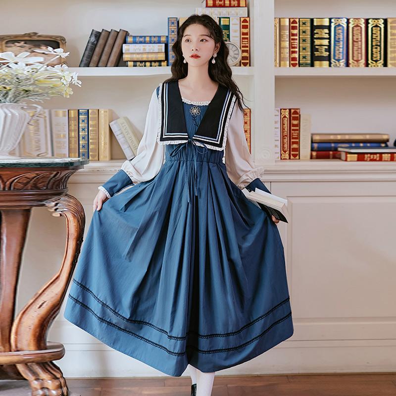 

SWEETXUE 2021 New Retro Embroidery Flower Preppy Style Uniform Long Navy Collar Temperament Sweet Dresses Girl jk, Photo color