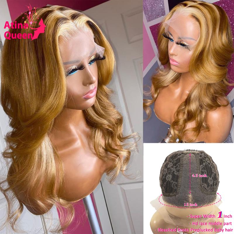 

Middle Part Colored Lace Wig Hd Transparent Lace Frontal Wig Black Women Piano Honey Blonde Highlight Half Preplucked Remy, As pic