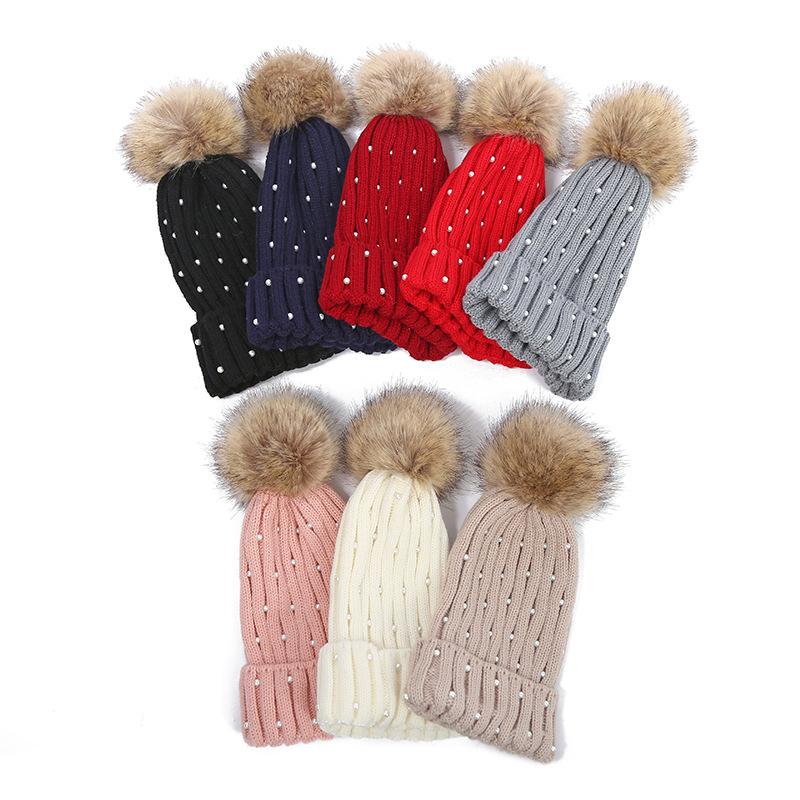 

Beanie/Skull Caps Imitation Pearls Knitted Wool Beanies Hat For Women Thick Warm Fur Pom Bonnet Skullies Beanie Pompom Outdoor Streetwear, Red