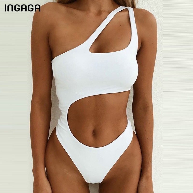

INGAGA Sexy Cut Out One Piece Swimsuit One Shoulder Swimwear Women High Cut Swimsuit Female Solid Monokini Bathing Suit Y200824, Rose