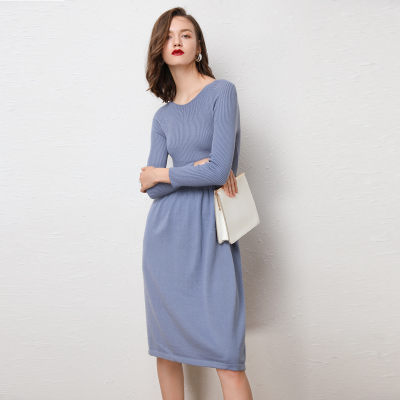 

new spring and female autumn around neck cashmere sweater a dress-up piece of the floor length dressed casual solid sheath beautiful, Blue