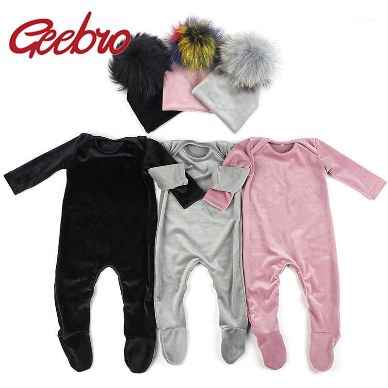 

Geebro Newborn Baby Boys Girls Long sleeves Jumpsuits Soft Velvet Footies Baby Bodysuits Clothes pajama Pompon Beanies Hats Set1
