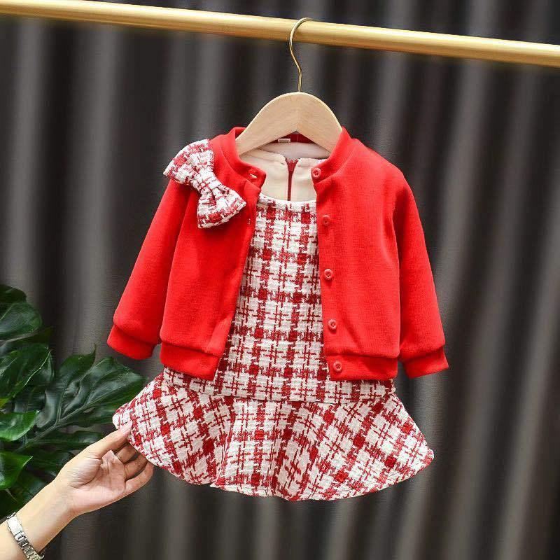 

Winter Baby Girl Clothes Set Kids Thicken Plush Plaid Dress+Cardigan Coat Two Piece Toddler Girl Outfits Casual Infant Baby Suit, Red