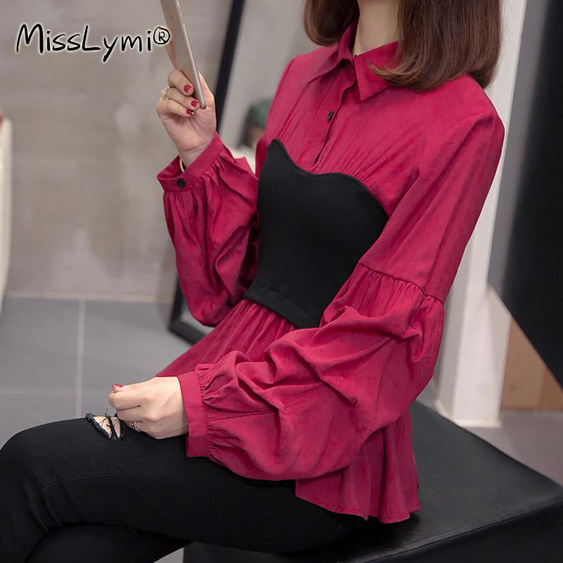 

4XL Plus Size Women High Street Corset Blouse Autumn 2020 Knitted Cotton Patchwork Runched Long Sleeve Ruffle Ladies Shirts, White