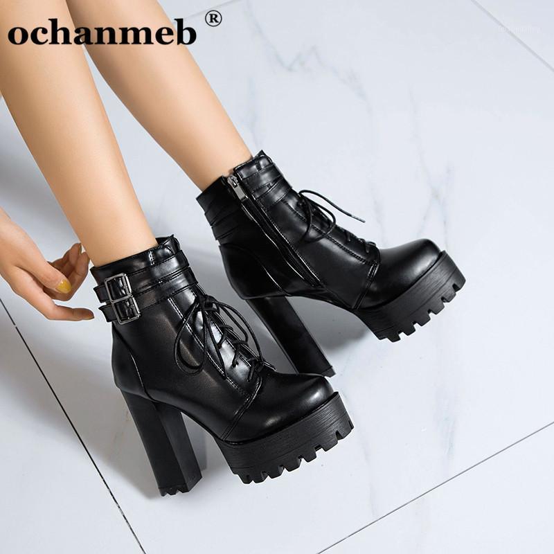 

Plus Size 32-43 Boots Shoes Women's Platform Thick High Chunky Heels Buckled Strap Cross Tied Motorcycle Boots Woman Lady Party1, Black