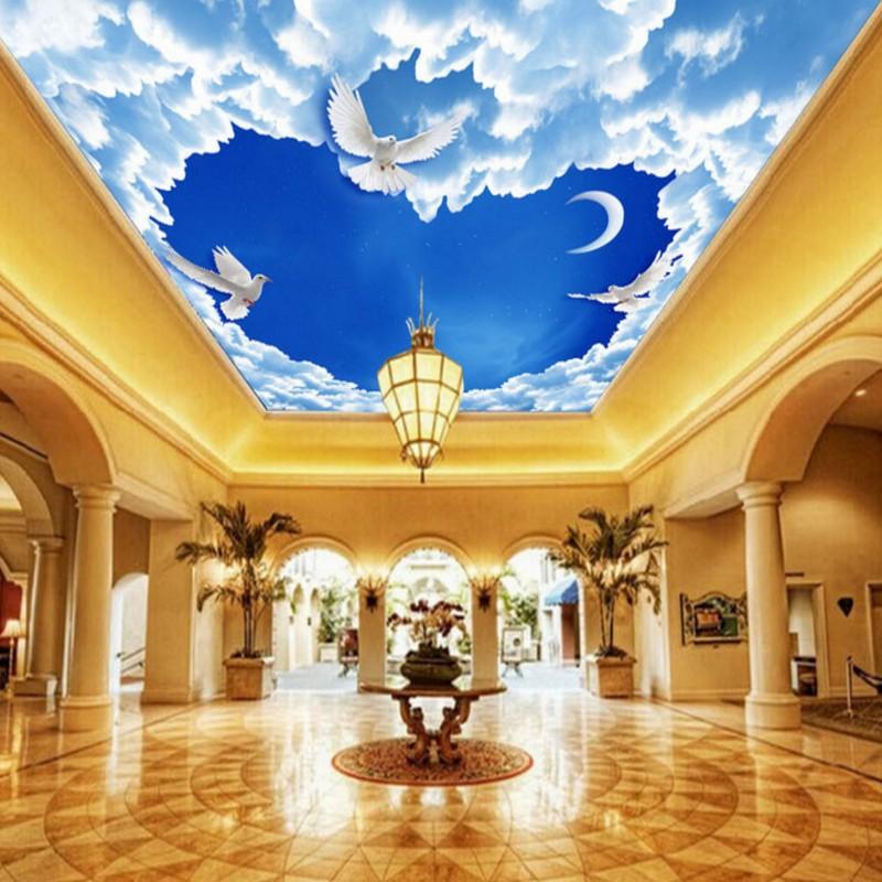 

Dropship Photo Wallpaper Fantasy White Clouds Sky Moon Pigeons Zenith Mural Restaurant Hotel Lobby Ceiling 3d Wall Murals, As pic