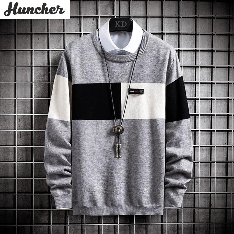 

Huncher Men's Knitted Sweater Men 2020 Winter Vintage Patchwork Jumper Pullover Sweaters Oversized Korean Style Grey Sweater Men, Black sweater men