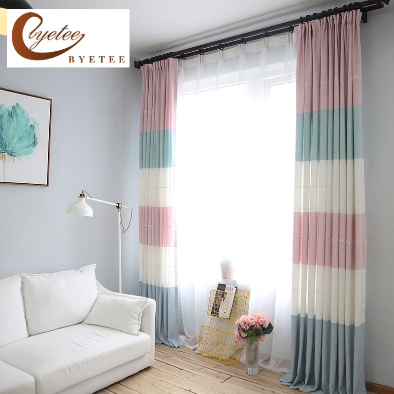 

byetee] Window Curtain Modern Living Room Bedroom Cotton Linen Stripe Customization Kitchen Ready Made Curtains For Blackout