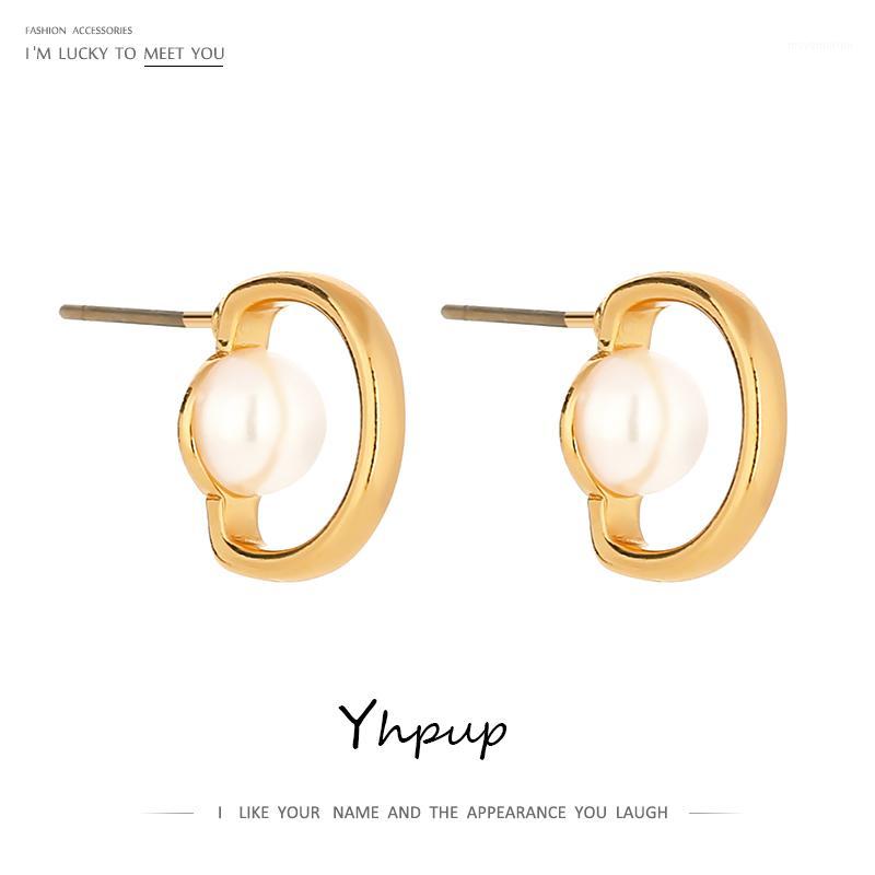 

Yhpup New Geometric Imitation Pearls Stud Earrings Minimalist Gold Metal Texture Small Earrings Simple Jewelry for Women Brincos1