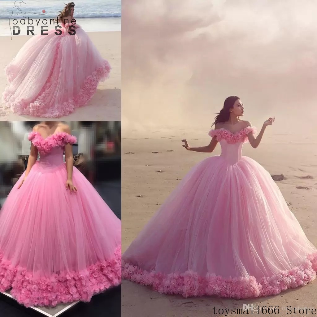 

Pink Ball Gown Wedding Dresses Hand Made Flowers Off Shoulder Ruffles Sweet 16 Dress Tulle Plus Size Quinceanera Dresses vestidos sxm11, Yellow