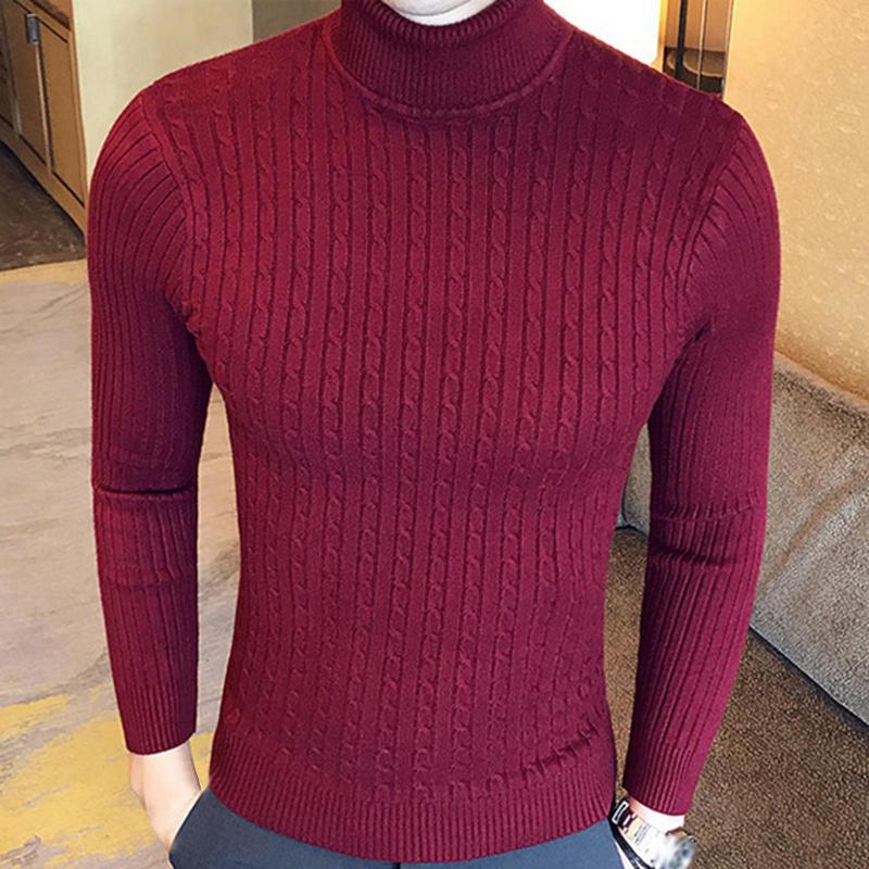 

2020 new Men Winter Turtle Neck Long Sleeve Warm Sweater Slim Pullover Twist Knitwear turtleneck Slim Pullover Men Knitwear, Black