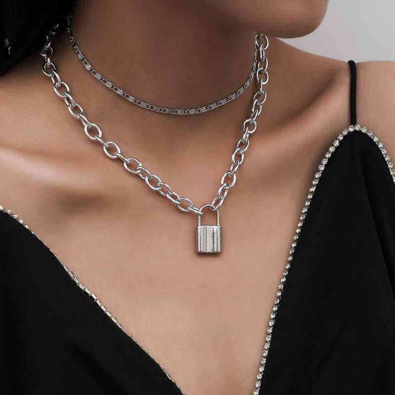 

Dark Gothic Lock Shape Double Chain Pendant Necklace Hip Hop Thin Cross Chain Choker Necklace Jewelry for Women Gifts