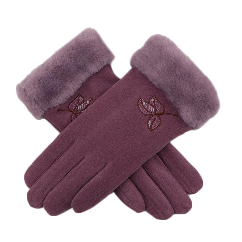 

Women Winter Driving Touch Screen Gloves Leaves Embroidery Plush Lined Mittens T8NB