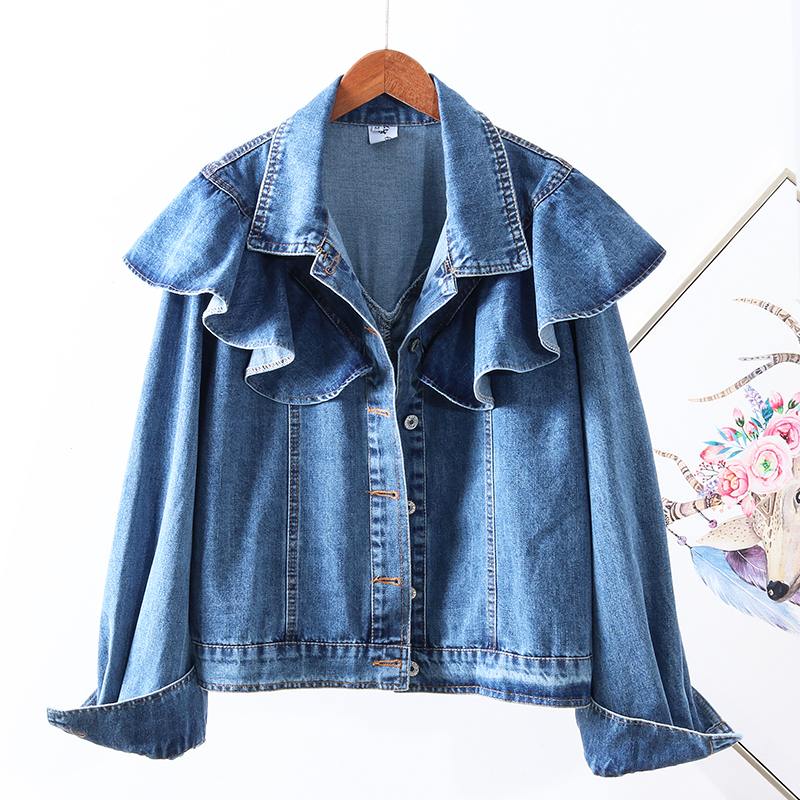 

New female jean jacket 2020 spring and in autumn women's lotus leaf collar jackets outerwear ladies, Blue