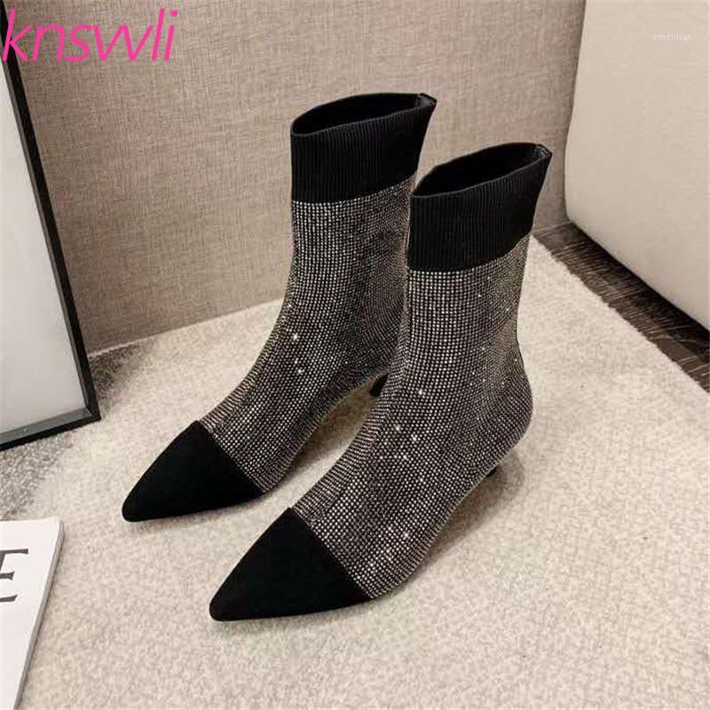 

Rhinestone Glittering Knit Ankle Boots Women Stretch Sock Boots Ladies Crystal Bling Short Kitten Heels Party Shoes Woman1, Black