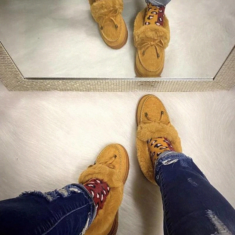 

Winter Warm Women Shoes Loafers Moccasin Furry Plush Ladies Causal Non Slip Woman Flock Comfort Female Flats Shoes Fashion New #NT9x, Beige