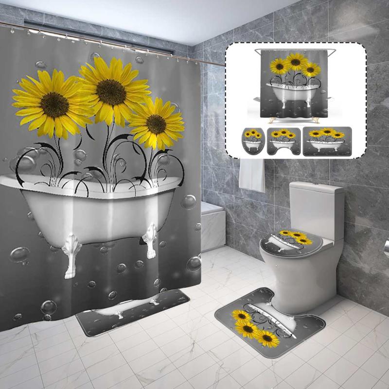 

Shower Curtains Set 4Piece Non Slip Sunflower pattern Toilet Polyester Cover Mat Set Waterproof Bathroom Shower Curtains