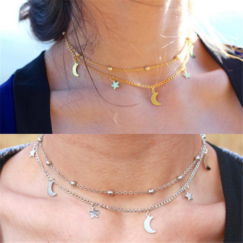 

Cute Moon Stars Beads Charms Romantic Chain Necklaces Double Chain Gold-color Women Fashion Necklace For Wedding Party Jewelry1