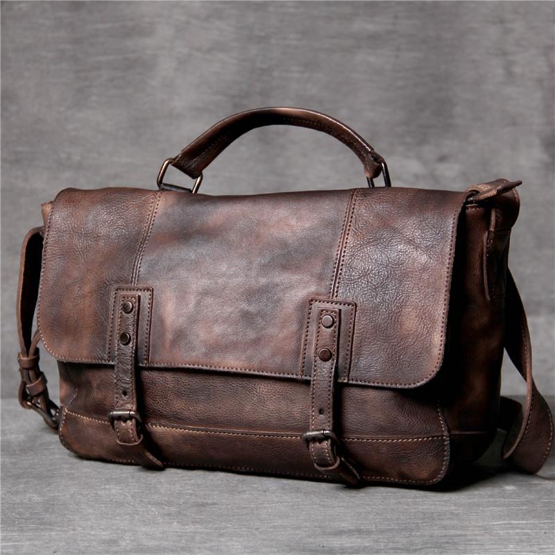 

Business retro Simple Genuine leather men's briefcase handbag fashion casual natural leather single shoulder messenger bag, Coffee