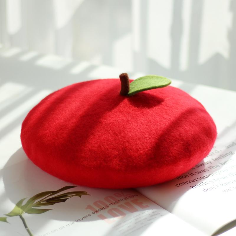 

Berets Japanese Fresh Green Leaf Fruit Red Express Hat Female Woolen Beret, Double leaf